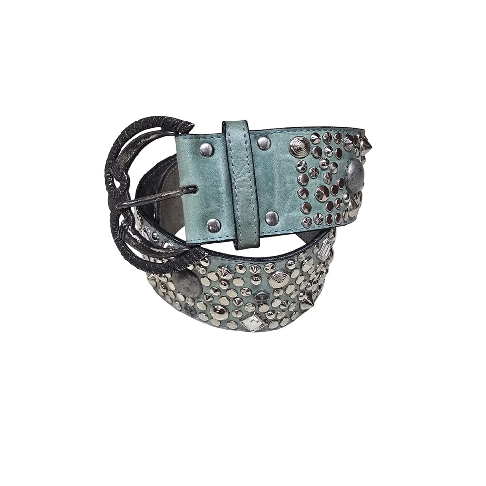 Chad Calvin Designs Teal Leather Studded Belt Western Boho Cowgirl Silver 26